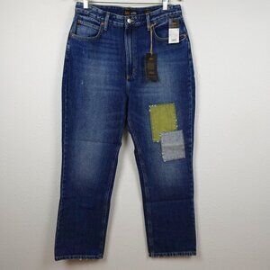 Lee Straight Leg Jeans Women's Size 32x28 Blue Denim Patches High Rise Ankle